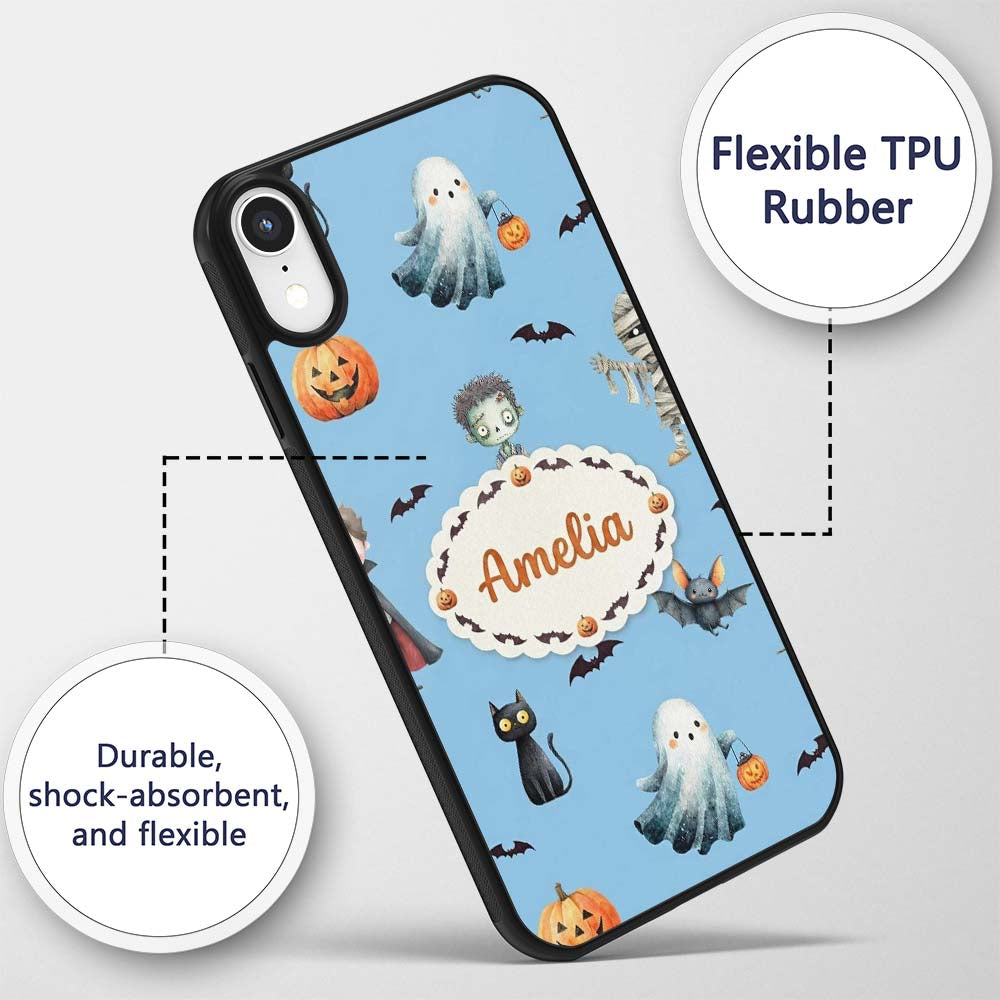 Halloween Zombie Mummy Vampire and Bat Characters Custom Name Protective Phone Case Mobile Cover Durable Everyday Smartphone Shock Resistant