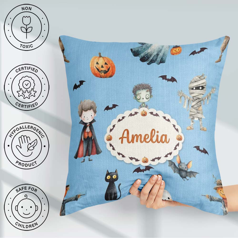 Custom Name Zombie Mummy Vampire and Bat Characters Bright Blue Square Filled Cushion Throw Pillow Sofa Bed Home Decor Zip Washable UK Made