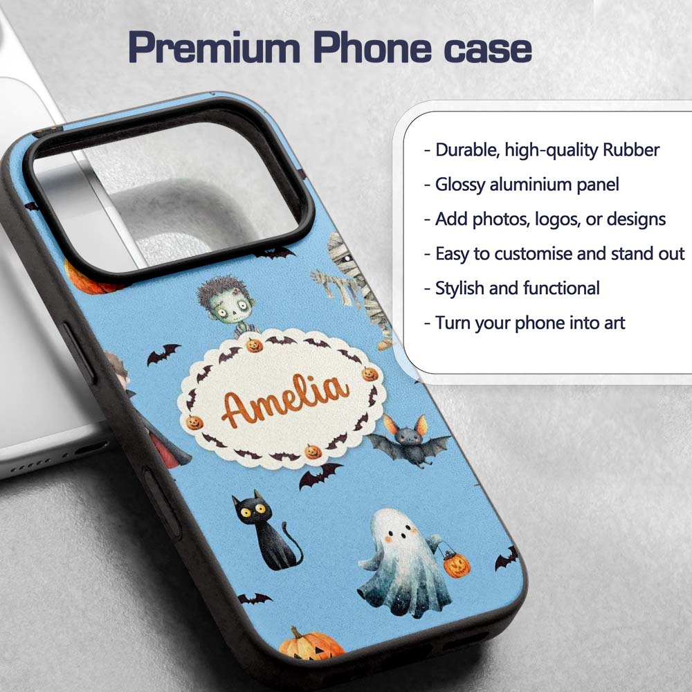 Halloween Zombie Mummy Vampire and Bat Characters Custom Name Protective Phone Case Mobile Cover Durable Everyday Smartphone Shock Resistant