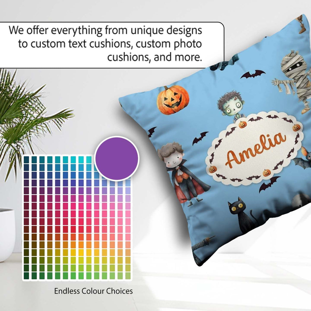Custom Name Zombie Mummy Vampire and Bat Characters Bright Blue Square Filled Cushion Throw Pillow Sofa Bed Home Decor Zip Washable UK Made