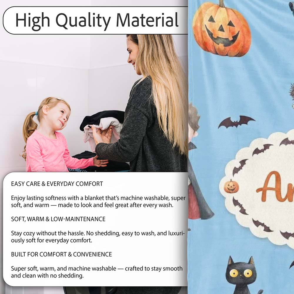 Halloween Zombie Mummy Vampire and Bat Characters Bright Blue Lovely Personalised Custom Name Super Soft Fleece Blanket Bed Sofa Throw