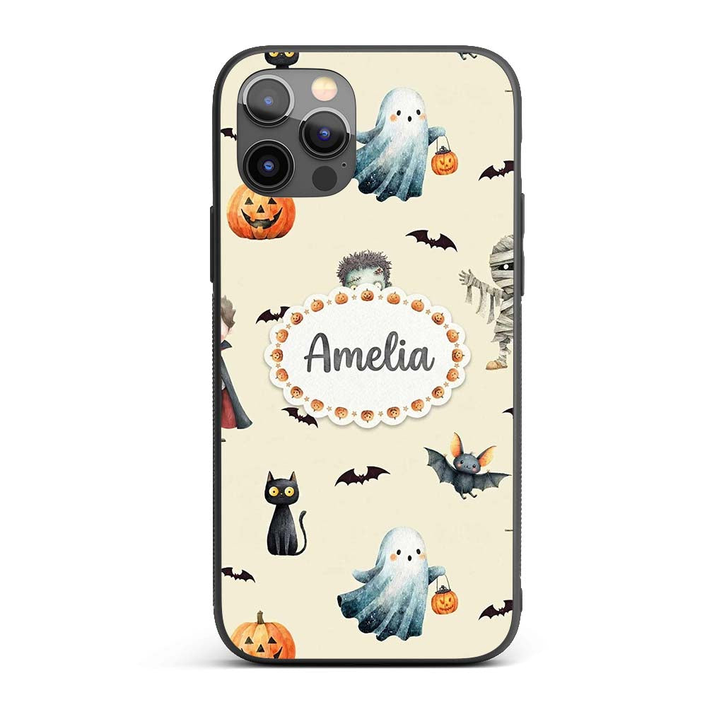 Halloween Zombie Mummy Vampire and Bat Characters Custom Name Protective Phone Case Mobile Cover Durable Everyday Smartphone Shock Resistant