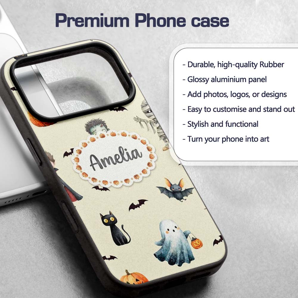 Halloween Zombie Mummy Vampire and Bat Characters Custom Name Protective Phone Case Mobile Cover Durable Everyday Smartphone Shock Resistant