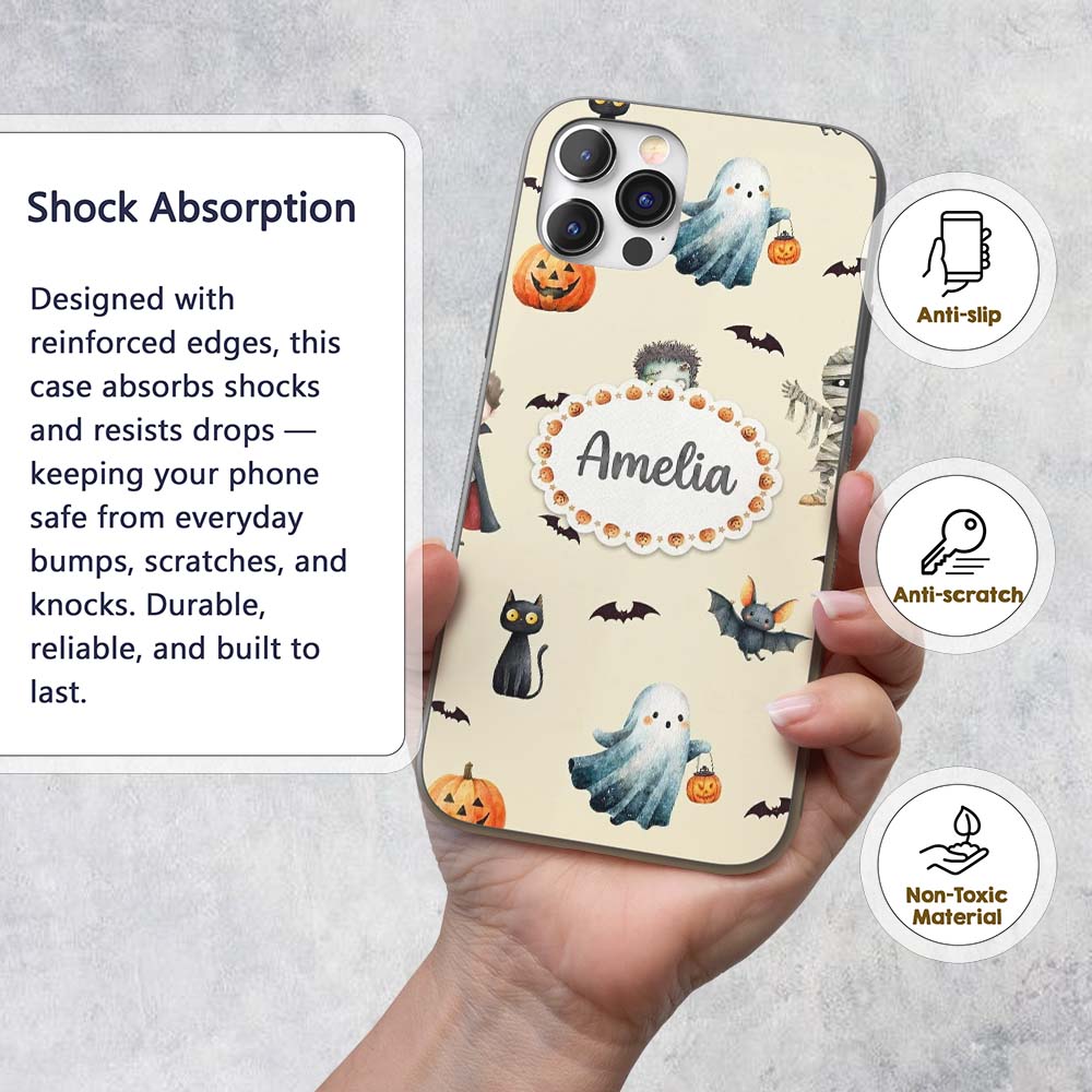 Halloween Zombie Mummy Vampire and Bat Characters Custom Name Protective Phone Case Mobile Cover Durable Everyday Smartphone Shock Resistant