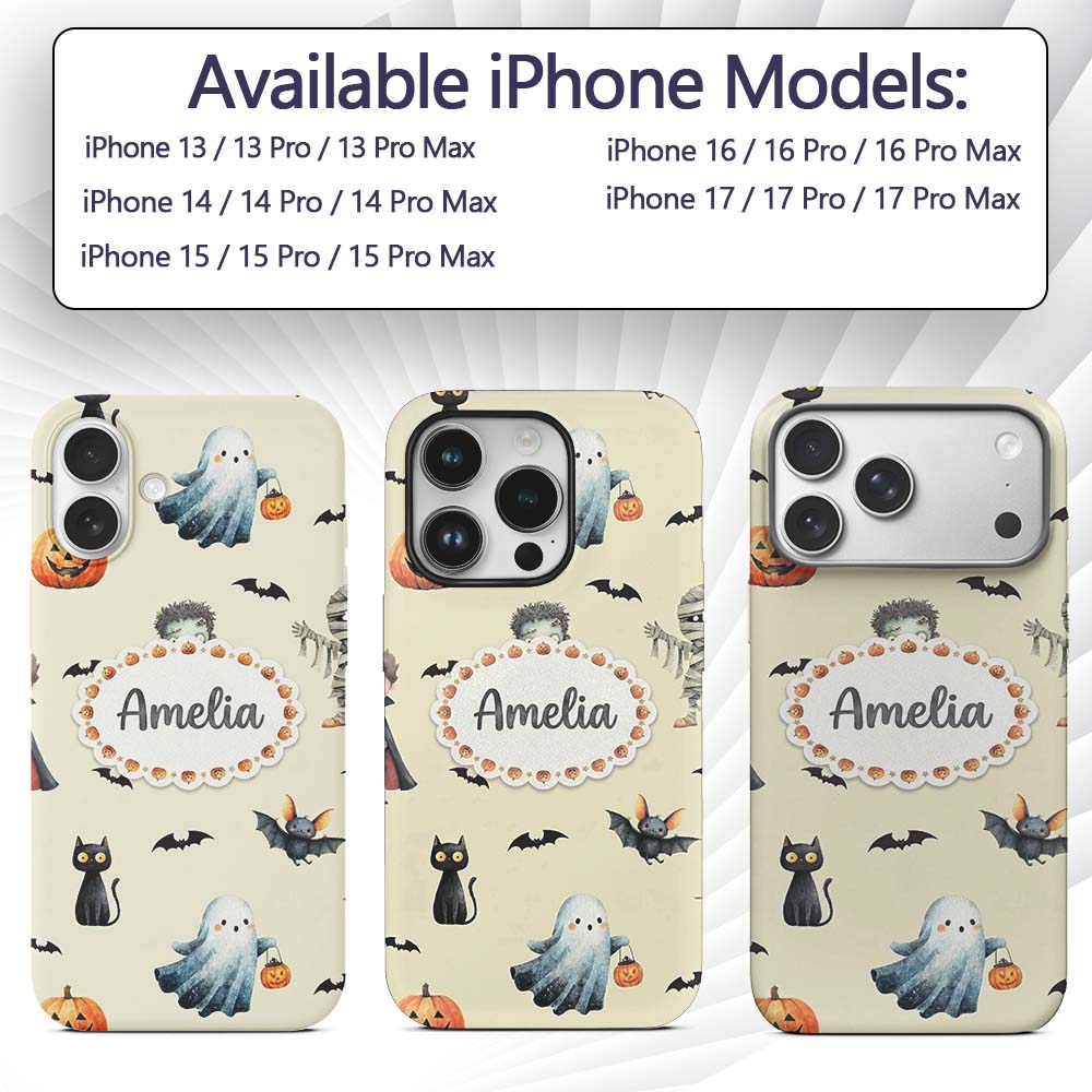 Halloween Zombie Mummy Vampire and Bat Characters Custom Name Protective Phone Case Mobile Cover Durable Everyday Smartphone Shock Resistant