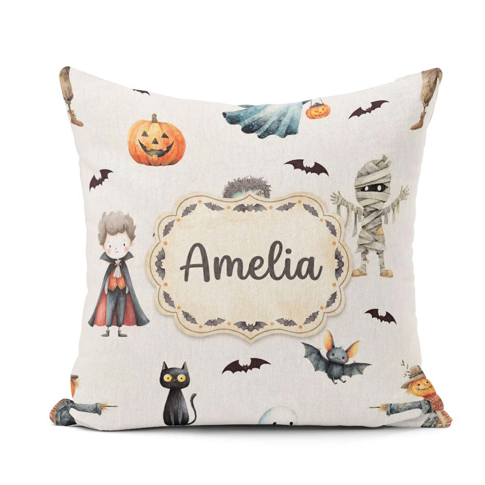 Custom Name Halloween Zombie Mummy and Bat Characters Light Grey Square Filled Cushion Throw Pillow Sofa Bed Home Decor Zip Washable UK Made
