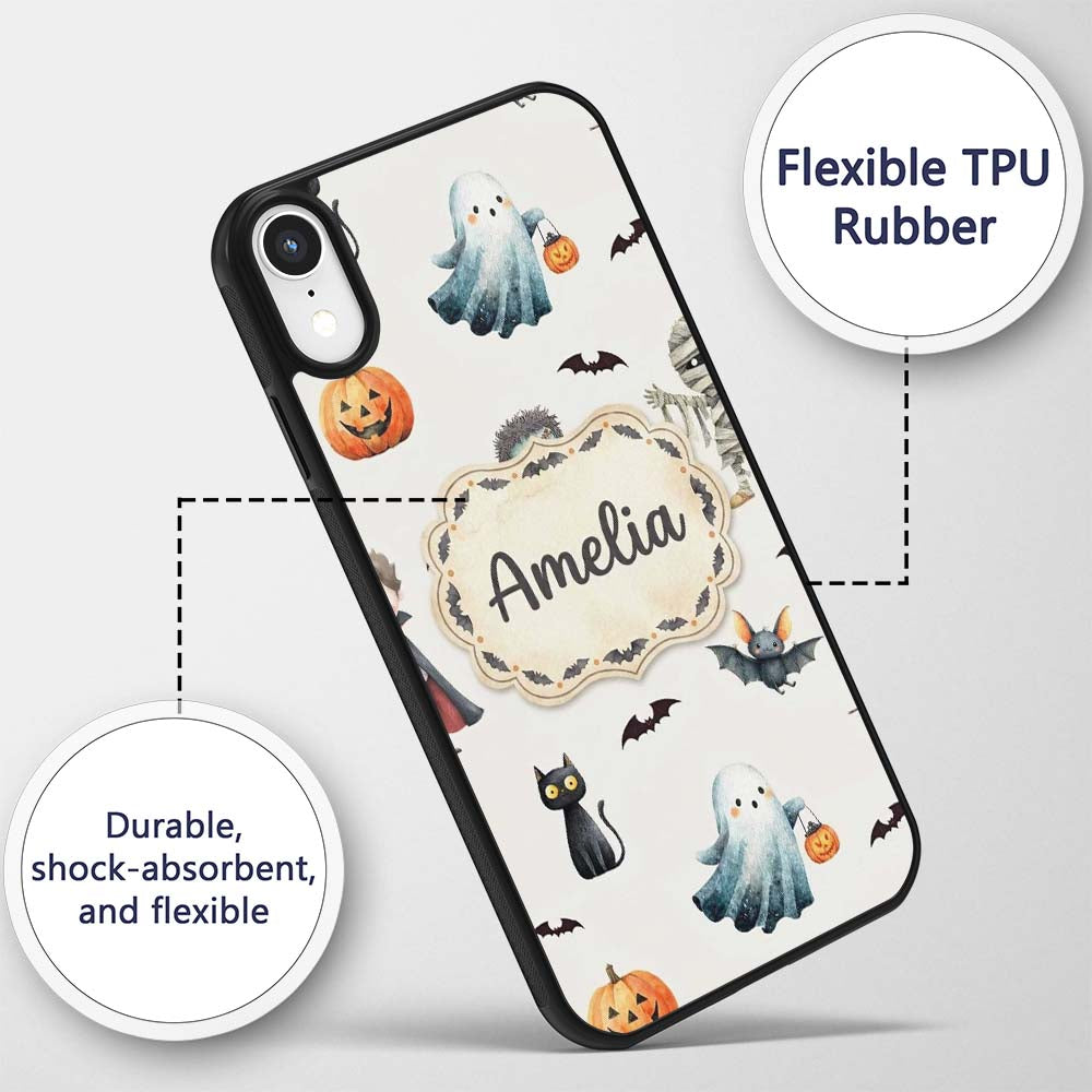 Halloween Zombie Mummy Vampire and Bat Characters Custom Name Protective Phone Case Mobile Cover Durable Everyday Smartphone Shock Resistant