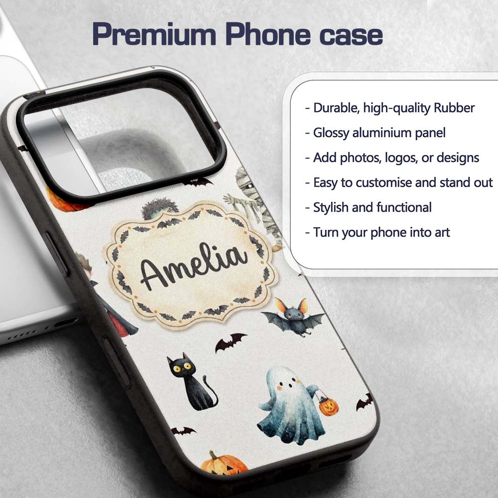 Halloween Zombie Mummy Vampire and Bat Characters Custom Name Protective Phone Case Mobile Cover Durable Everyday Smartphone Shock Resistant