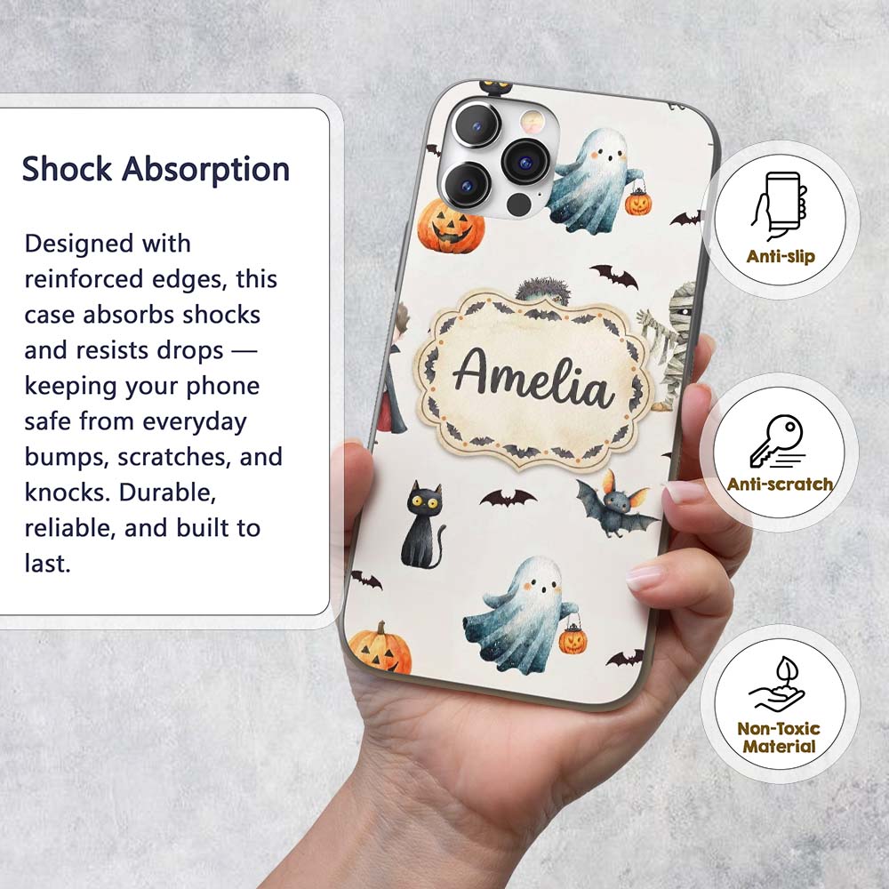 Halloween Zombie Mummy Vampire and Bat Characters Custom Name Protective Phone Case Mobile Cover Durable Everyday Smartphone Shock Resistant
