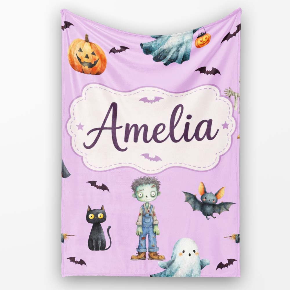Halloween Zombie Mummy Vampire Characters Purple Background Lovely Personalised Custom Name Super Soft Fleece Blanket Bed Sofa Throw