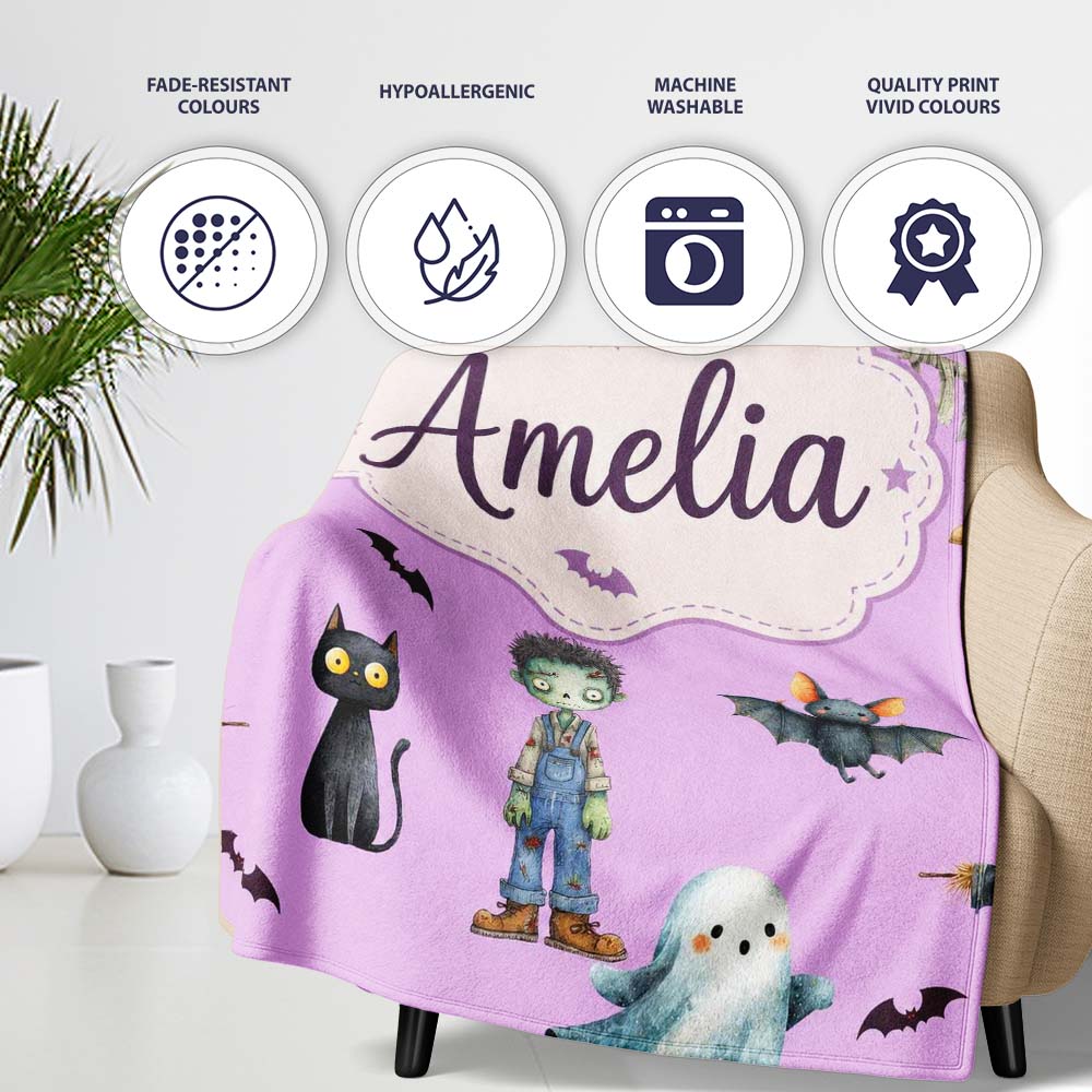 Halloween Zombie Mummy Vampire Characters Purple Background Lovely Personalised Custom Name Super Soft Fleece Blanket Bed Sofa Throw