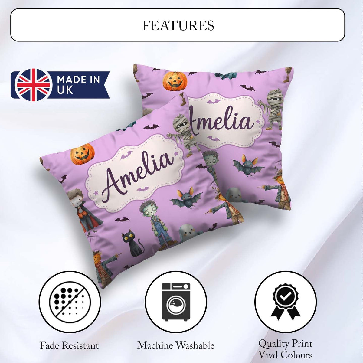 Custom Name Halloween Zombie Mummy Vampire Characters Background Square Filled Cushion Throw Pillow Sofa Bed Home Decor Zip Washable UK Made