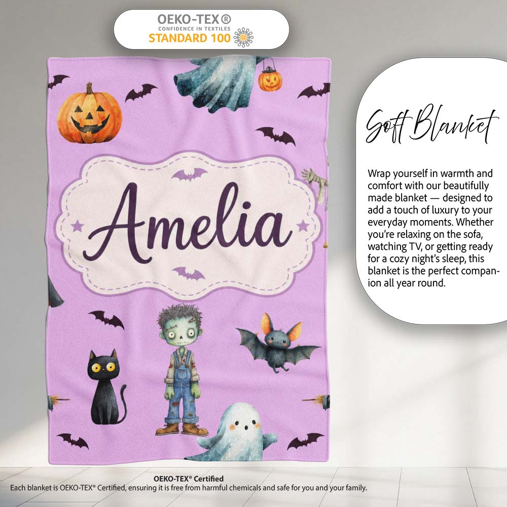 Halloween Zombie Mummy Vampire Characters Purple Background Lovely Personalised Custom Name Super Soft Fleece Blanket Bed Sofa Throw