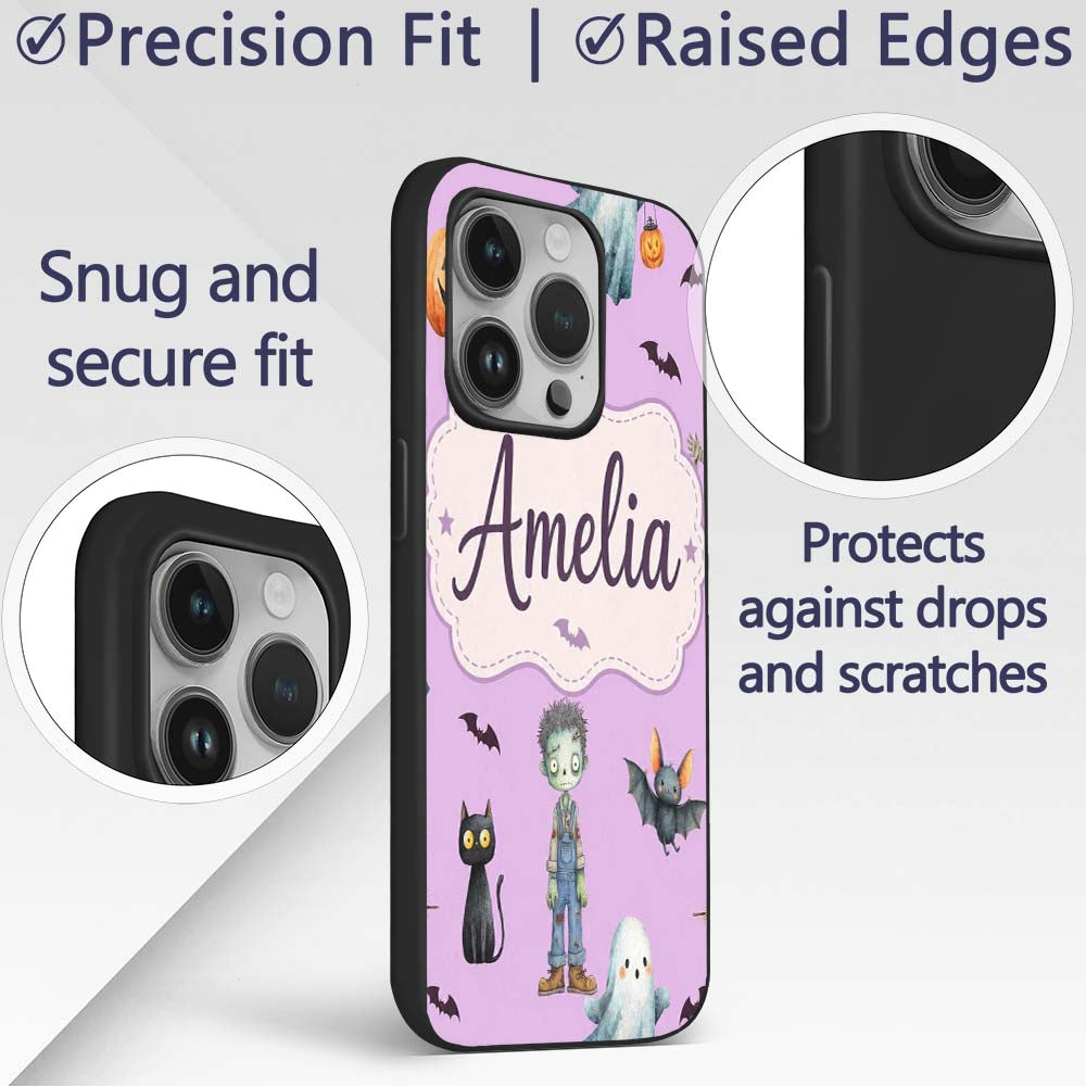 Halloween Zombie Mummy Vampire Characters Purple Custom Name Protective Phone Case Mobile Cover Durable Everyday Smartphone Shock Resistant