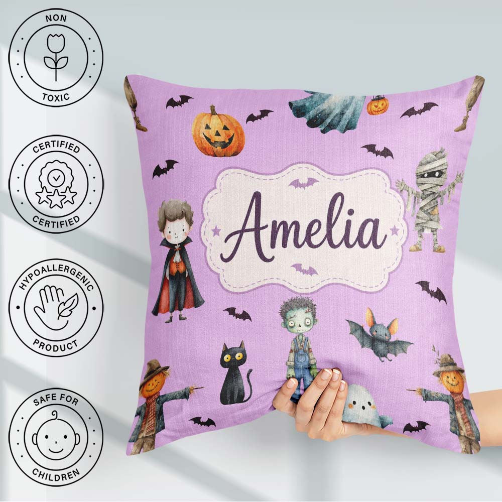 Custom Name Halloween Zombie Mummy Vampire Characters Background Square Filled Cushion Throw Pillow Sofa Bed Home Decor Zip Washable UK Made
