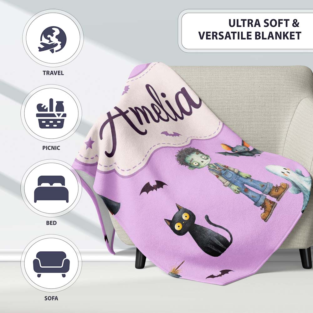 Halloween Zombie Mummy Vampire Characters Purple Background Lovely Personalised Custom Name Super Soft Fleece Blanket Bed Sofa Throw