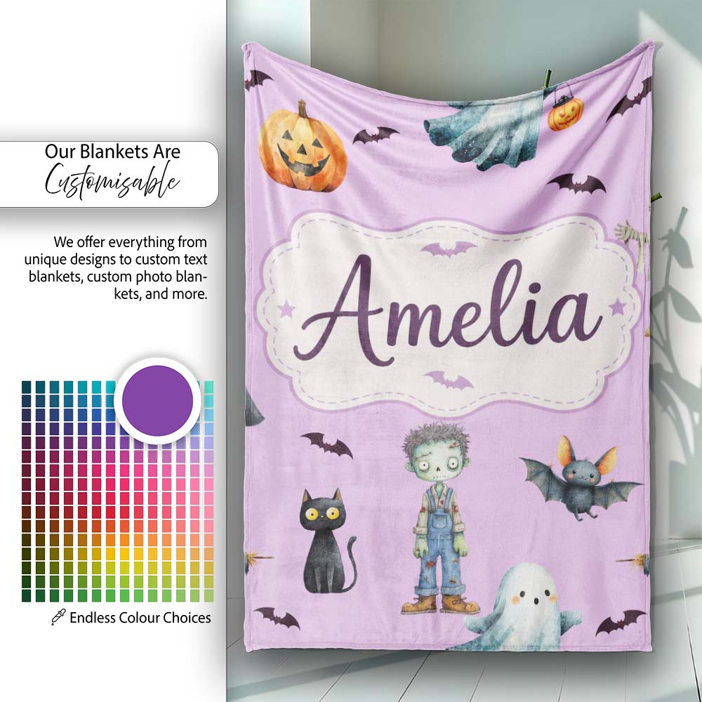 Halloween Zombie Mummy Vampire Characters Purple Background Lovely Personalised Custom Name Super Soft Fleece Blanket Bed Sofa Throw