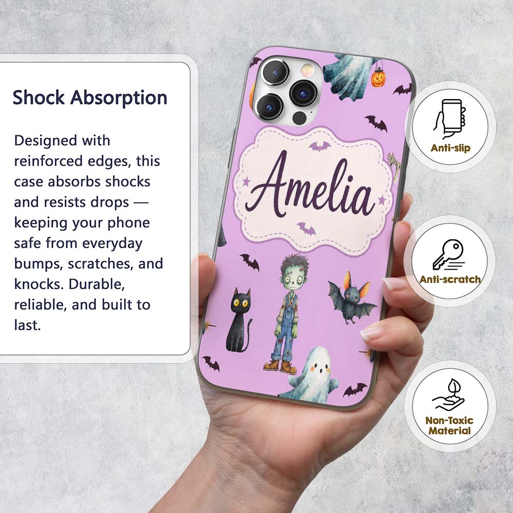 Halloween Zombie Mummy Vampire Characters Purple Custom Name Protective Phone Case Mobile Cover Durable Everyday Smartphone Shock Resistant