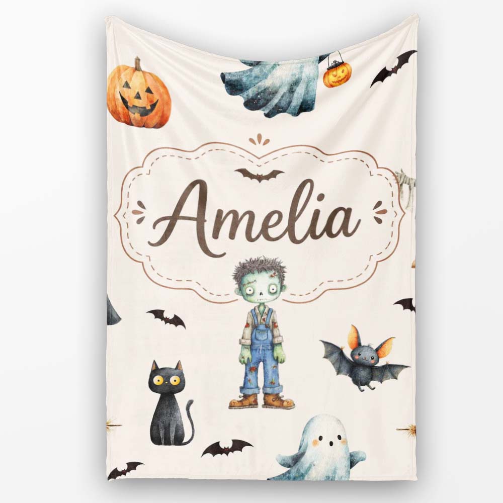 Halloween Zombie Mummy Vampire and Bat Characters Beige Background Personalised Custom Name Super Soft Fleece Blanket Bed Sofa Throw
