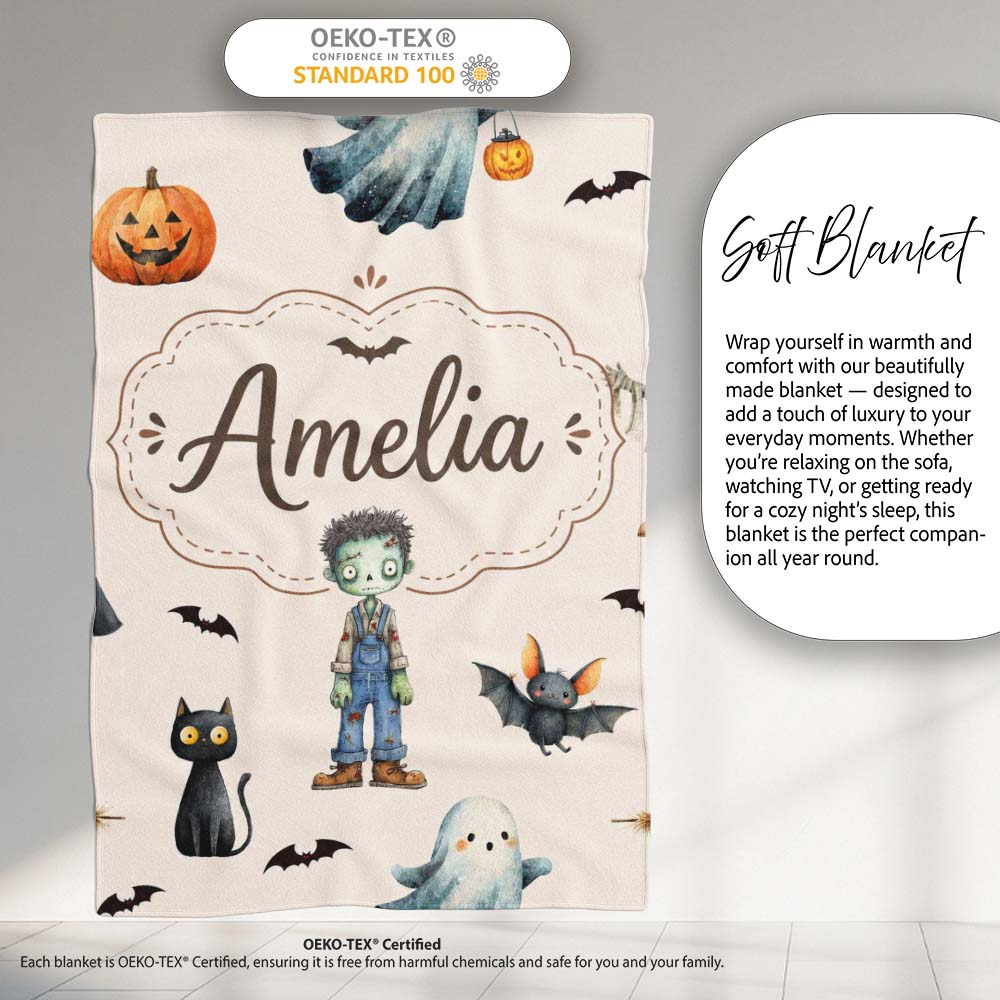 Halloween Zombie Mummy Vampire and Bat Characters Beige Background Personalised Custom Name Super Soft Fleece Blanket Bed Sofa Throw