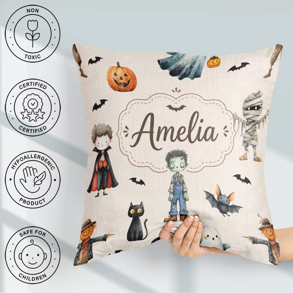 Custom Name Halloween Zombie Mummy and Bat Characters Background Square Filled Cushion Throw Pillow Sofa Bed Home Decor Zip Washable UK Made