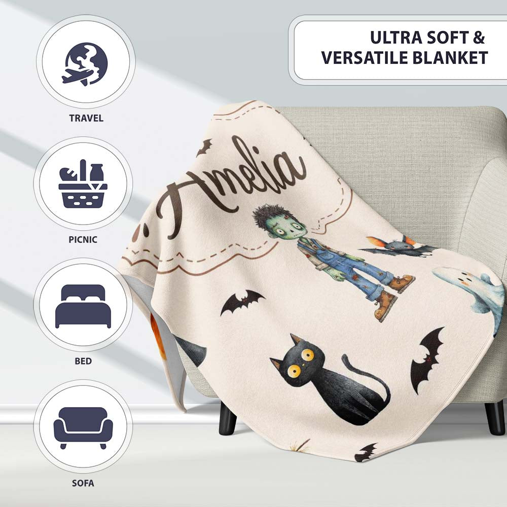 Halloween Zombie Mummy Vampire and Bat Characters Beige Background Personalised Custom Name Super Soft Fleece Blanket Bed Sofa Throw