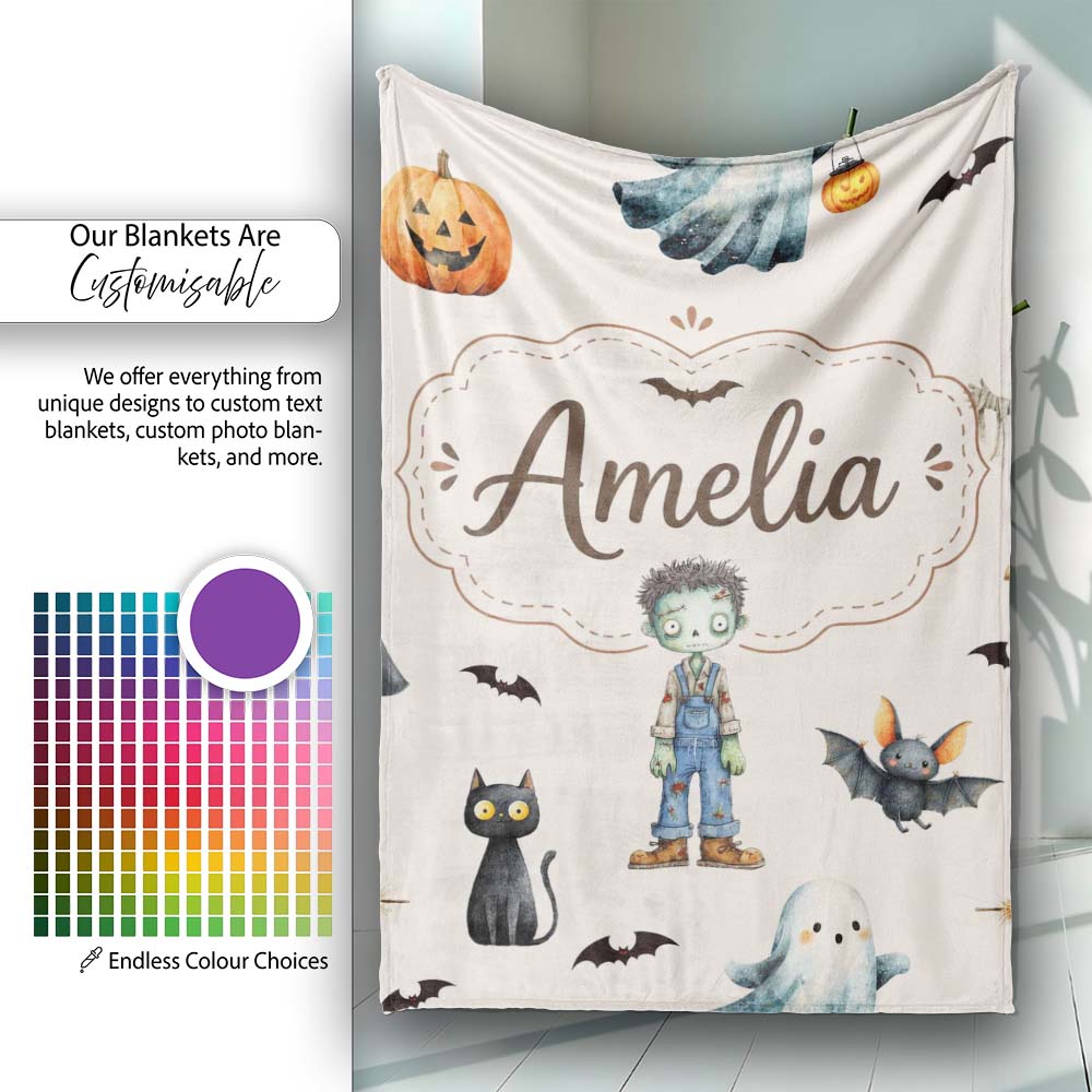 Halloween Zombie Mummy Vampire and Bat Characters Beige Background Personalised Custom Name Super Soft Fleece Blanket Bed Sofa Throw