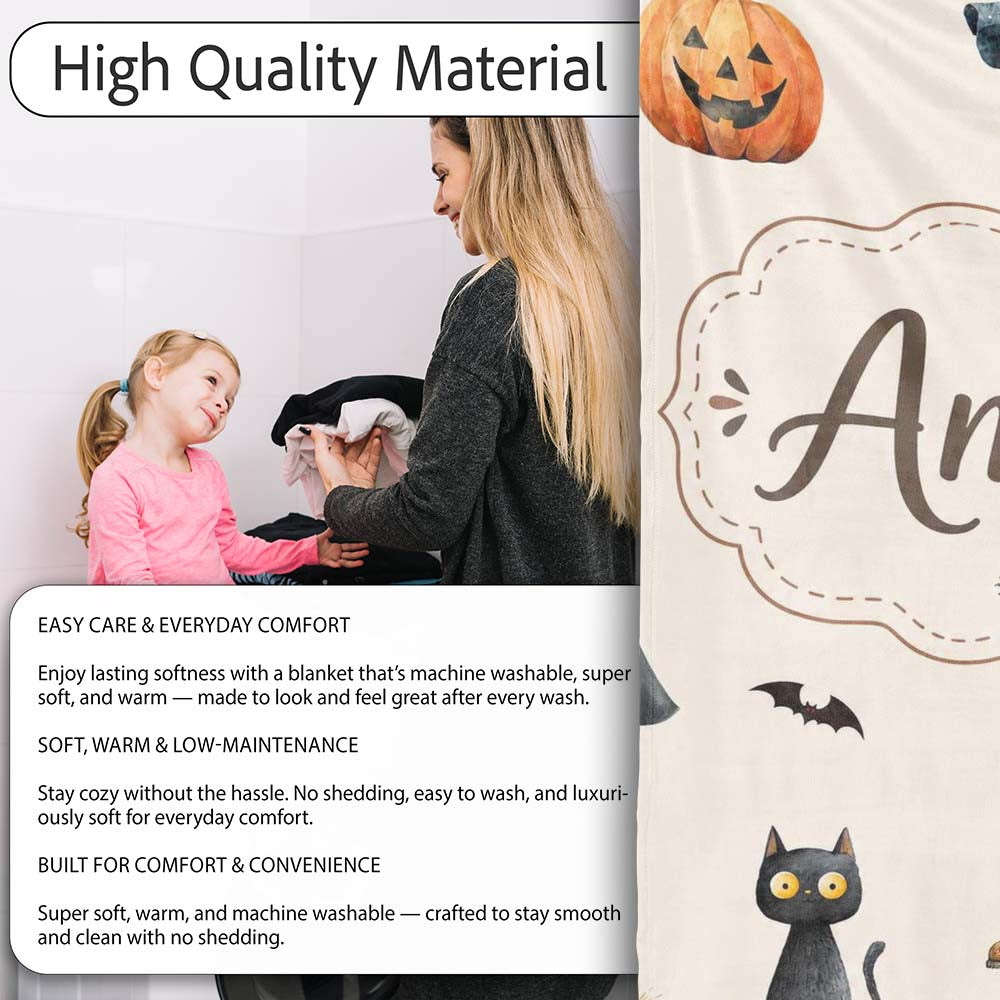 Halloween Zombie Mummy Vampire and Bat Characters Beige Background Personalised Custom Name Super Soft Fleece Blanket Bed Sofa Throw