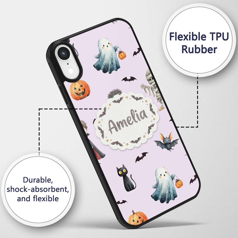Halloween Zombie Mummy Vampire and Bat Characters Custom Name Protective Phone Case Mobile Cover Durable Everyday Smartphone Shock Resistant