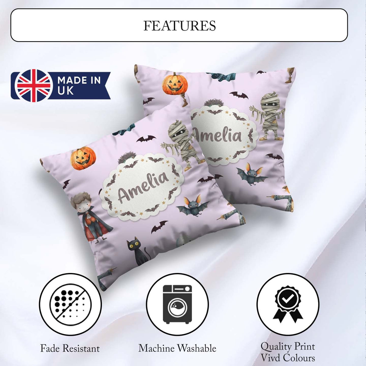Custom Name Halloween Zombie Mummy Vampire and Characters Purple Square Filled Cushion Throw Pillow Sofa Bed Home Decor Zip Washable UK Made