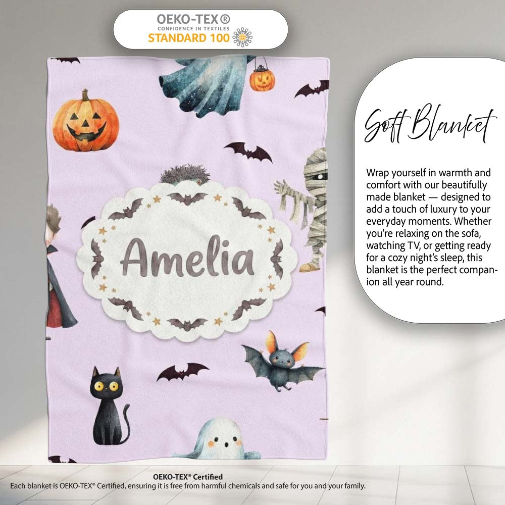 Halloween Zombie Mummy Vampire and Bat Characters Purple Background Personalised Custom Name Super Soft Fleece Blanket Bed Sofa Throw