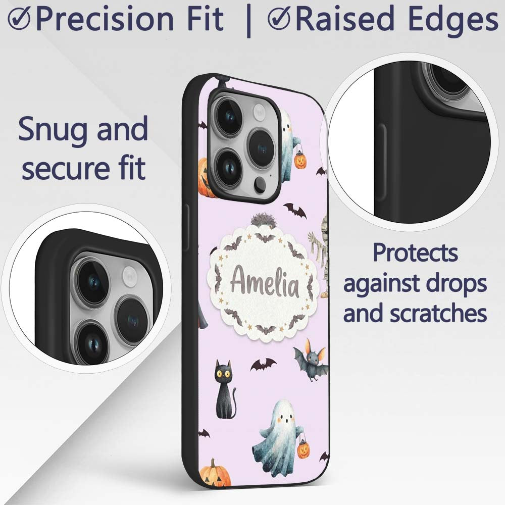 Halloween Zombie Mummy Vampire and Bat Characters Custom Name Protective Phone Case Mobile Cover Durable Everyday Smartphone Shock Resistant