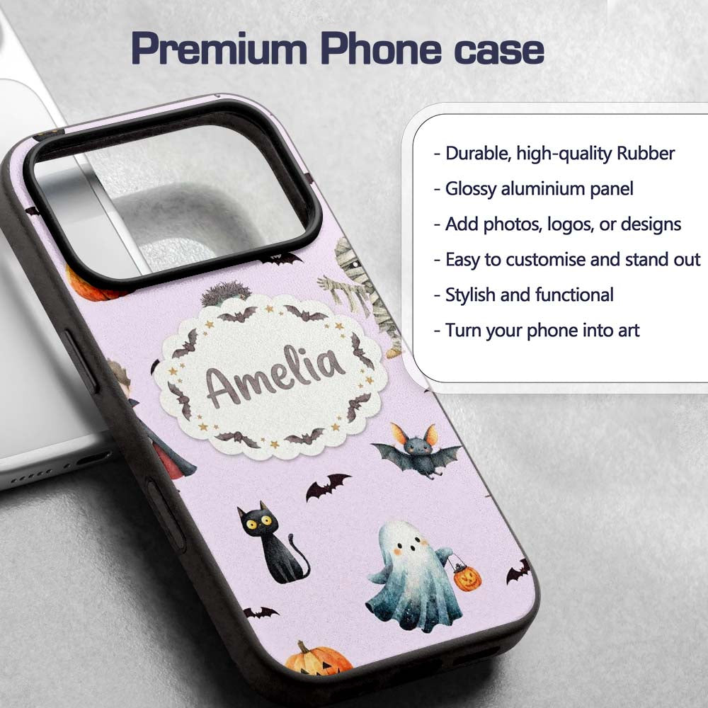 Halloween Zombie Mummy Vampire and Bat Characters Custom Name Protective Phone Case Mobile Cover Durable Everyday Smartphone Shock Resistant