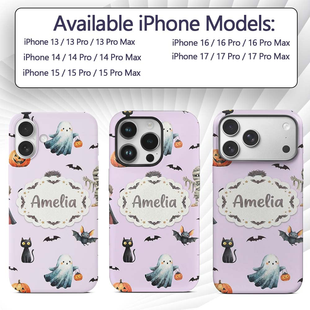 Halloween Zombie Mummy Vampire and Bat Characters Custom Name Protective Phone Case Mobile Cover Durable Everyday Smartphone Shock Resistant