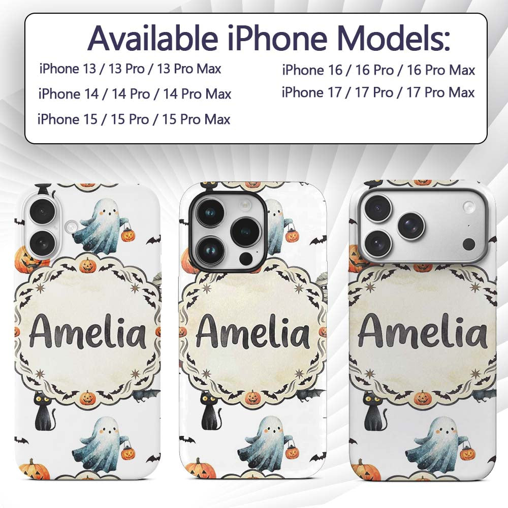 Halloween Zombie Mummy Vampire and Bat Characters Custom Name Protective Phone Case Mobile Cover Durable Everyday Smartphone Shock Resistant