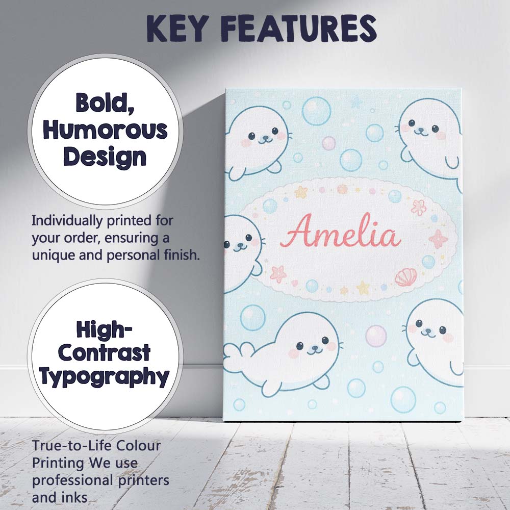 Personalised Name Cute Kawaii Seal Cartoon Animal Ocean Pattern Custom Statement Canvas Wall Art Print Decor Picture Ready to Hang