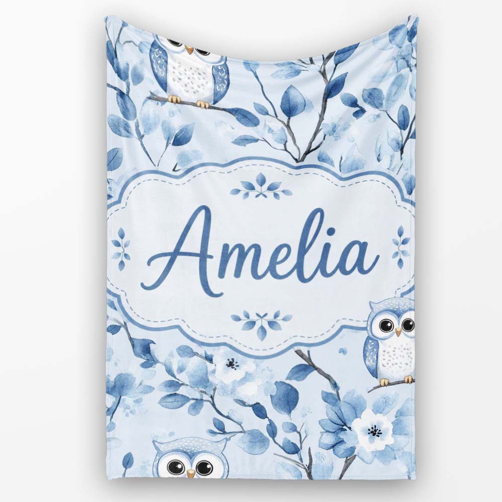 Cute Blue Owl Birds with Floral Branch Background Seamless Pattern Personalised Custom Name Super Soft Fleece Blanket Bed Sofa Throw