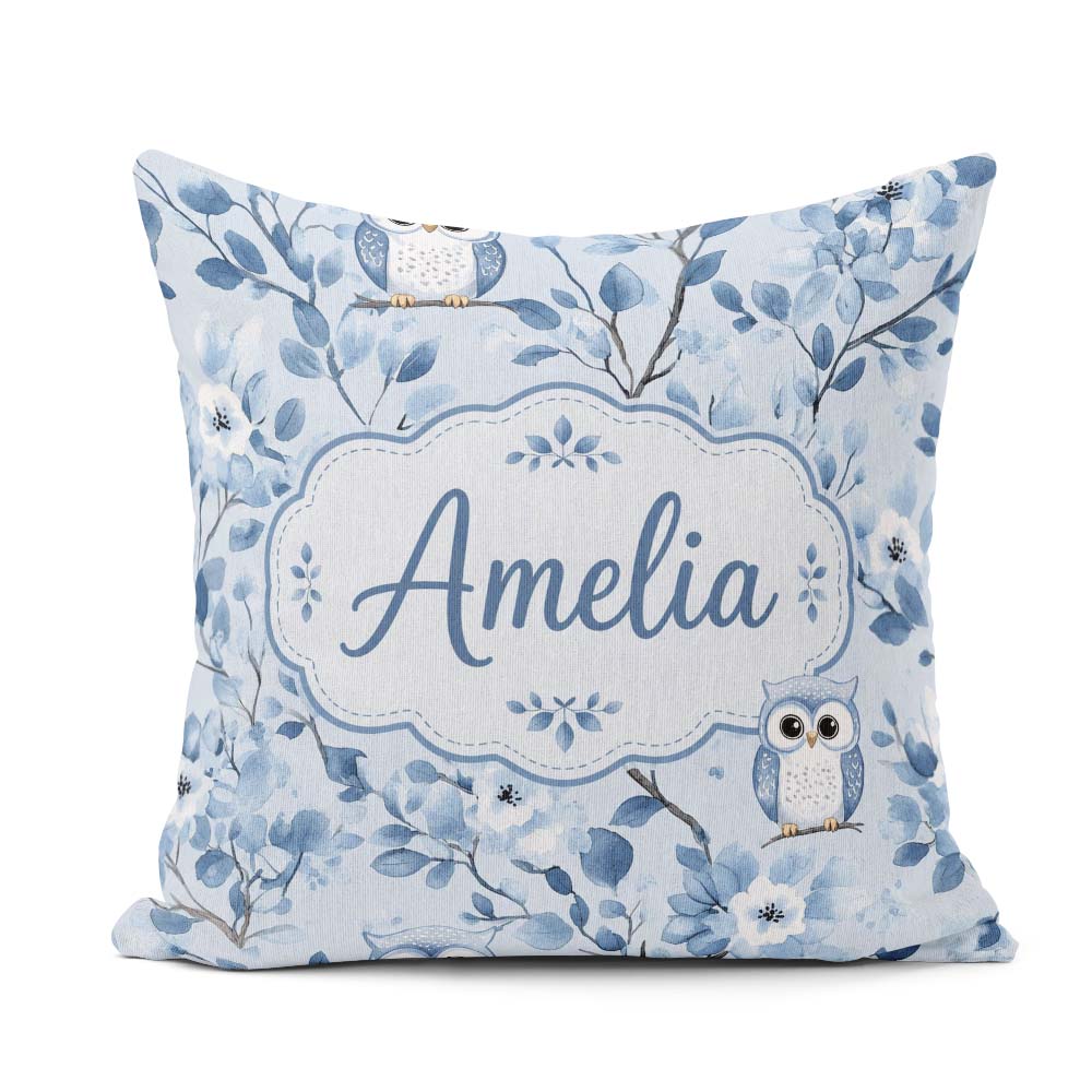 Custom Name Blue Owl Birds with Floral Branch Background Pattern Square Filled Cushion Throw Pillow Sofa Bed Home Decor Zip Washable UK Made