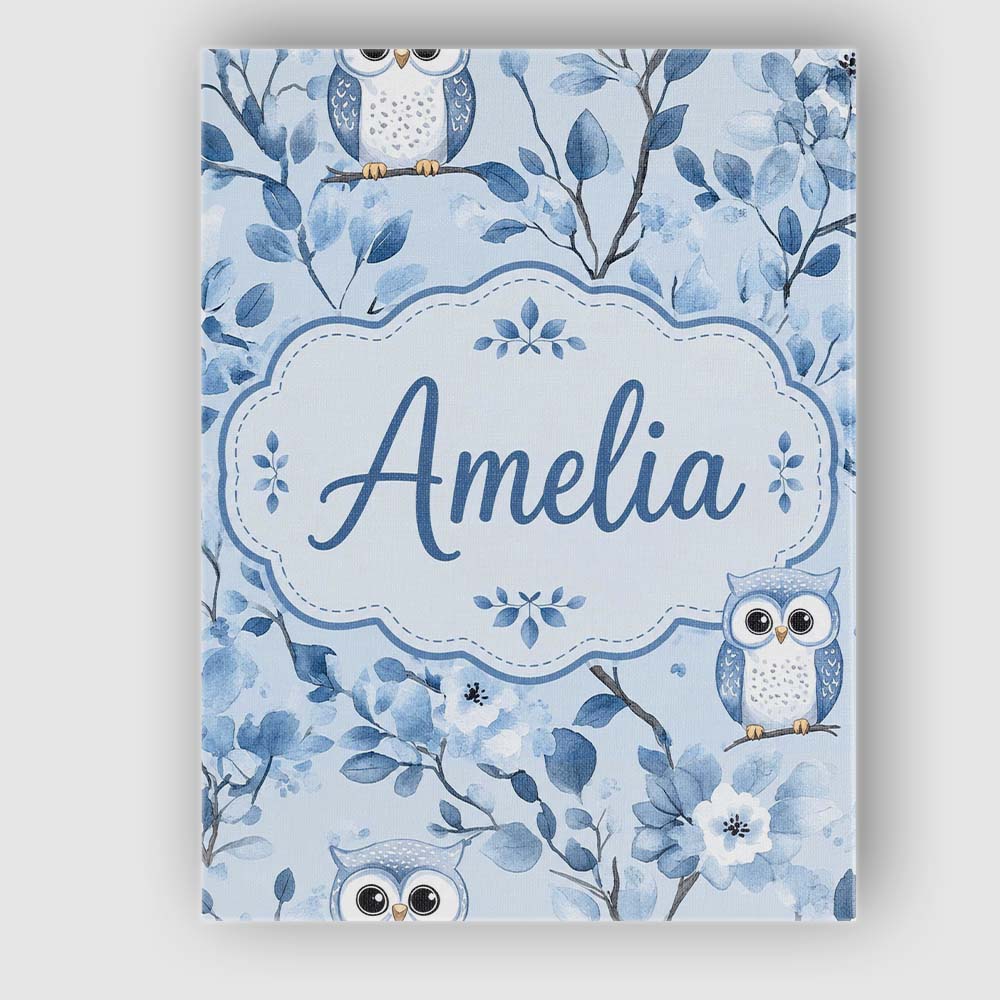 Personalised Name Cute Blue Owl Birds with Custom Unique Gift Idea Elegant Feature Canvas Wall Art Print Decor Picture Ready to Hang