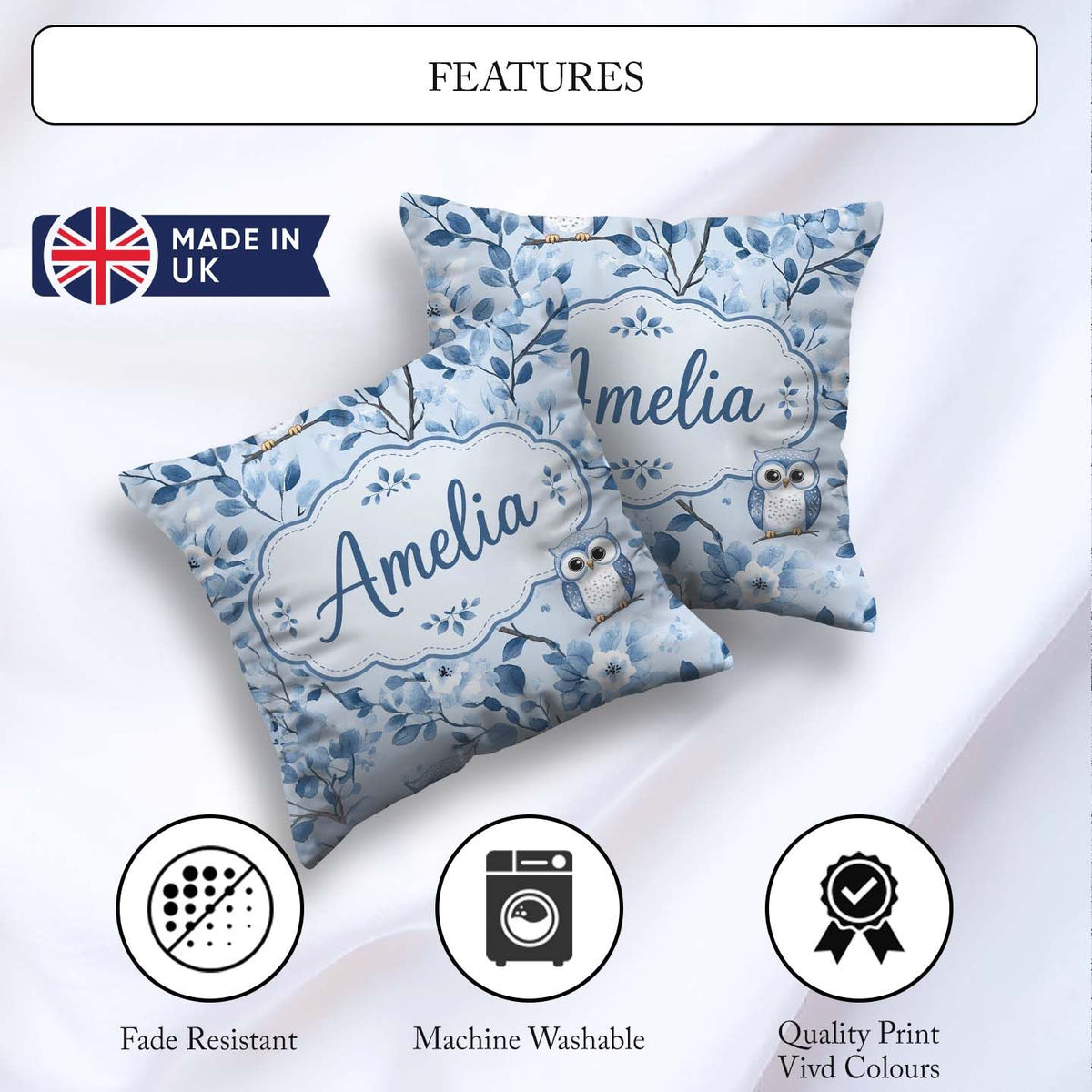 Custom Name Blue Owl Birds with Floral Branch Background Pattern Square Filled Cushion Throw Pillow Sofa Bed Home Decor Zip Washable UK Made