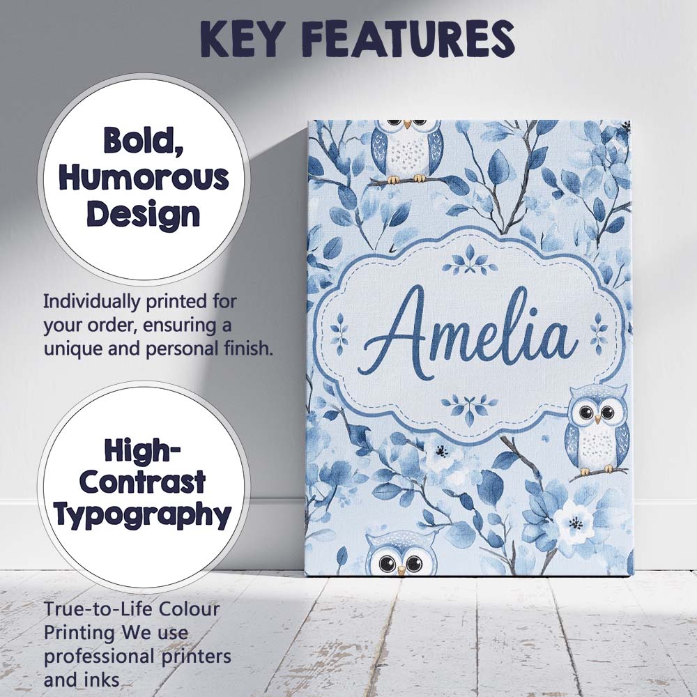 Personalised Name Cute Blue Owl Birds with Custom Unique Gift Idea Elegant Feature Canvas Wall Art Print Decor Picture Ready to Hang