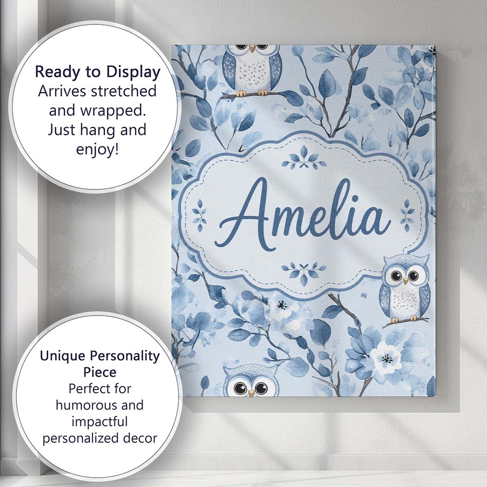 Personalised Name Cute Blue Owl Birds with Custom Unique Gift Idea Elegant Feature Canvas Wall Art Print Decor Picture Ready to Hang