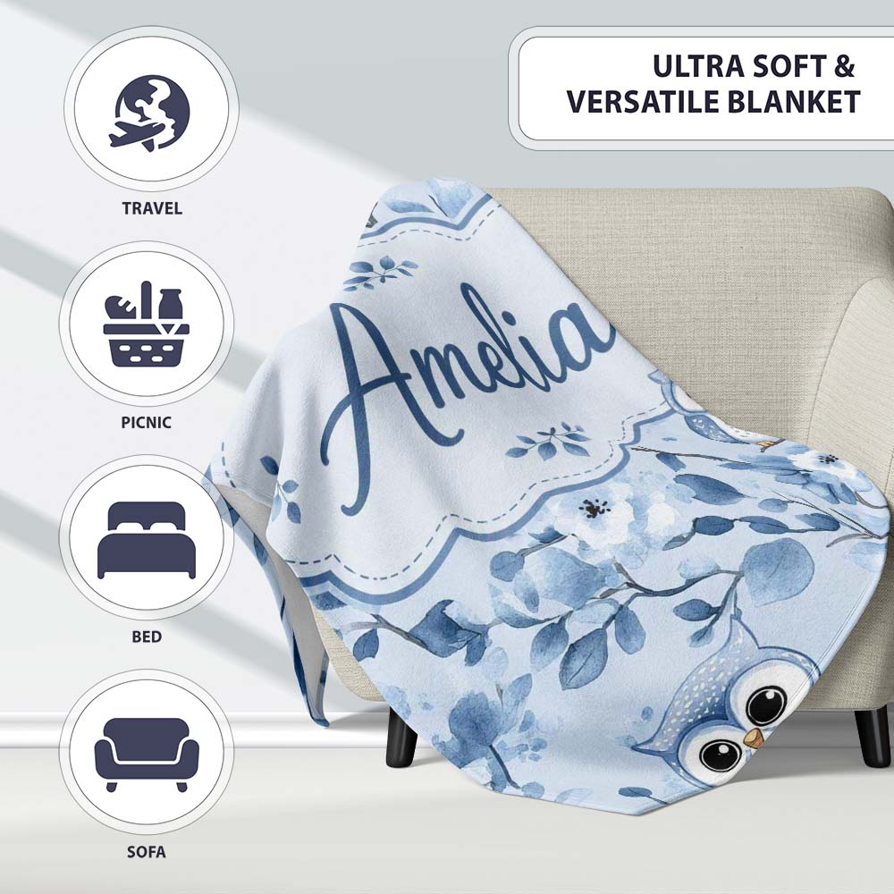 Cute Blue Owl Birds with Floral Branch Background Seamless Pattern Personalised Custom Name Super Soft Fleece Blanket Bed Sofa Throw