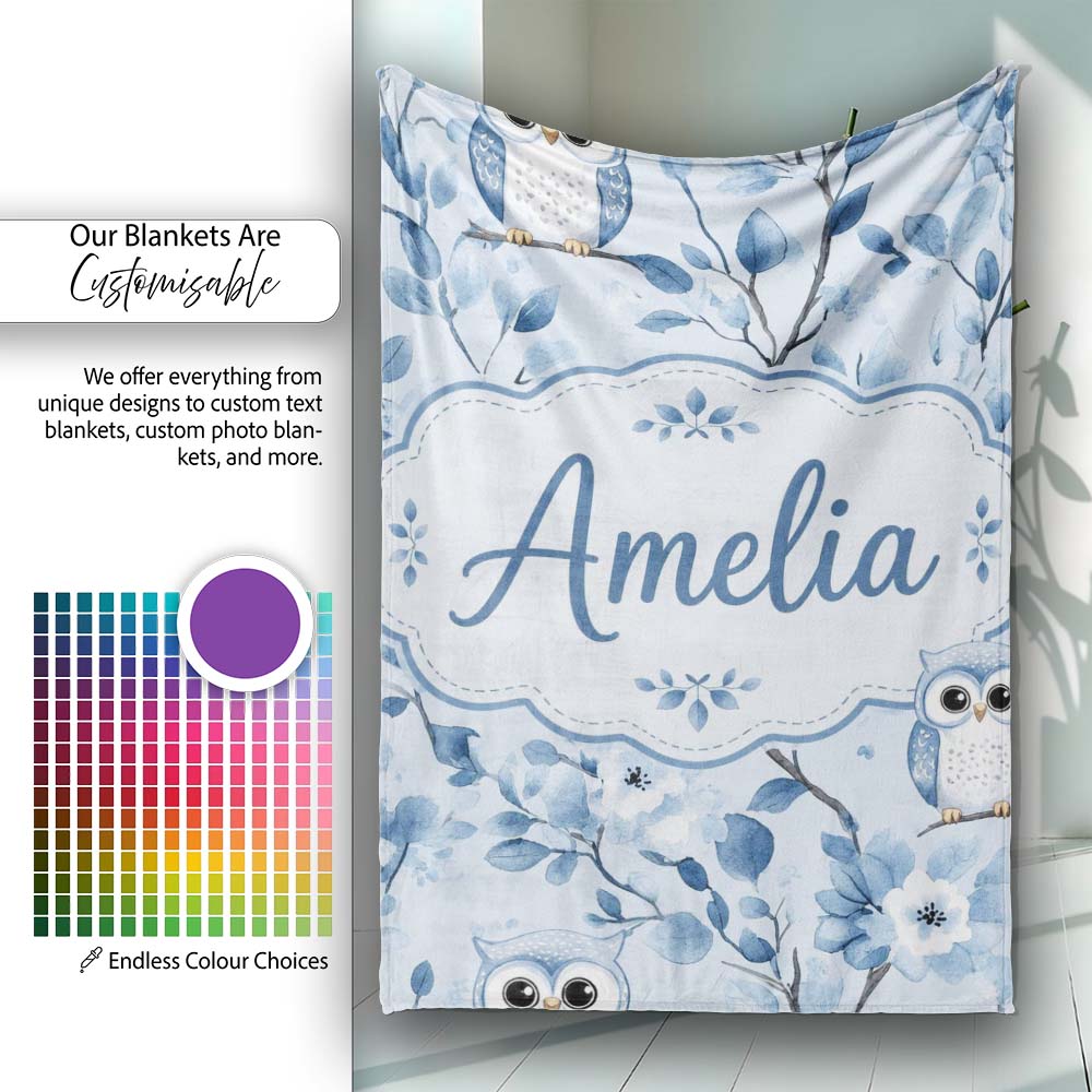 Cute Blue Owl Birds with Floral Branch Background Seamless Pattern Personalised Custom Name Super Soft Fleece Blanket Bed Sofa Throw