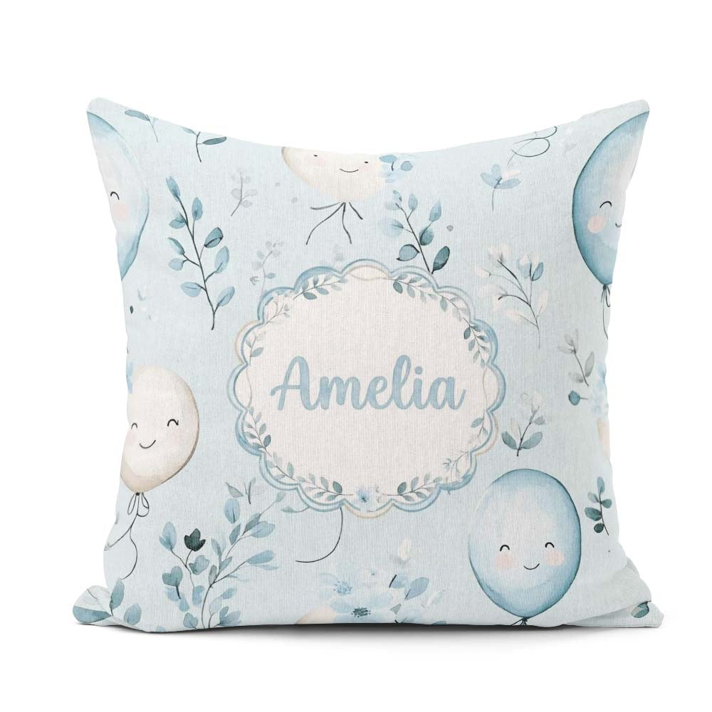 Custom Name Cute Pastel Balloons with Leaves Light Blue Seamless Square Filled Cushion Throw Pillow Sofa Bed Home Decor Zip Washable UK Made