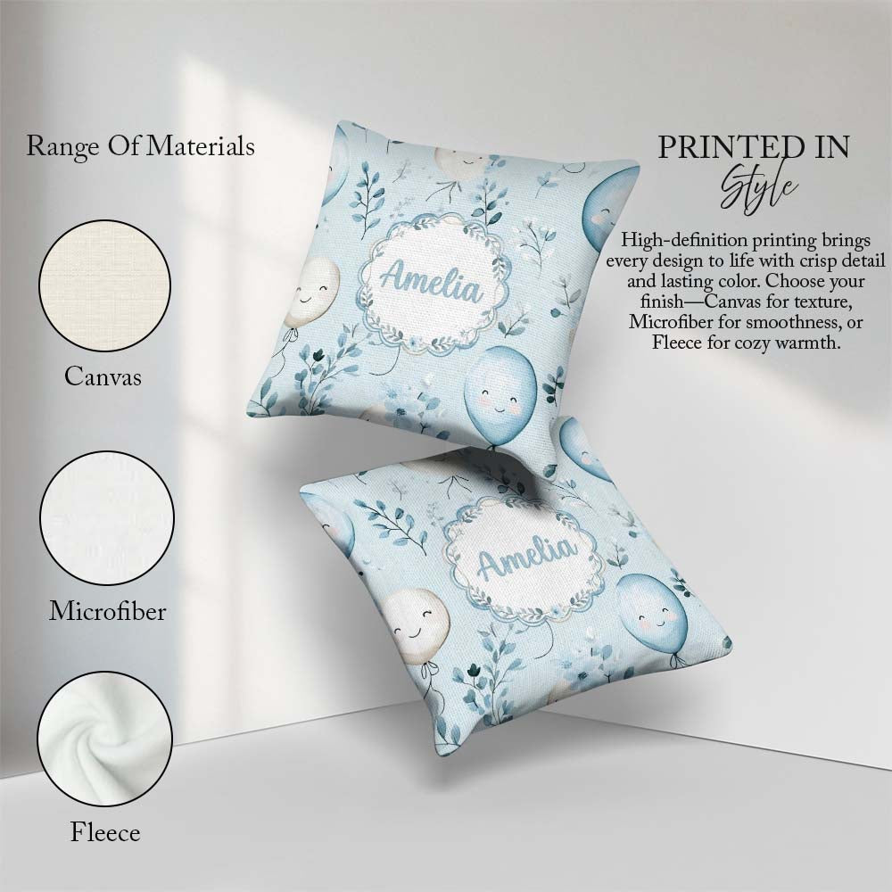 Custom Name Cute Pastel Balloons with Leaves Light Blue Seamless Square Filled Cushion Throw Pillow Sofa Bed Home Decor Zip Washable UK Made