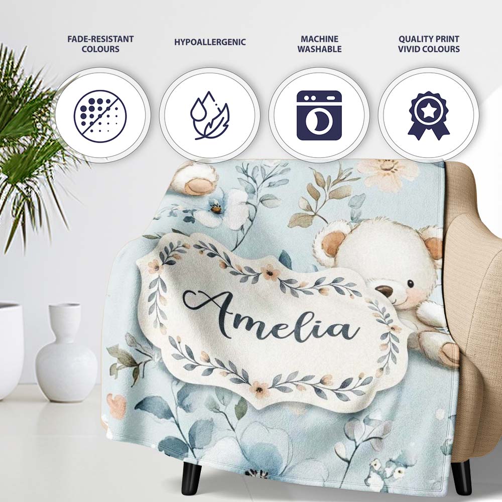 Cute Teddy Bears with Soft Blue Floral Background Seamless Pattern Personalised Custom Name Super Soft Fleece Blanket Bed Sofa Throw