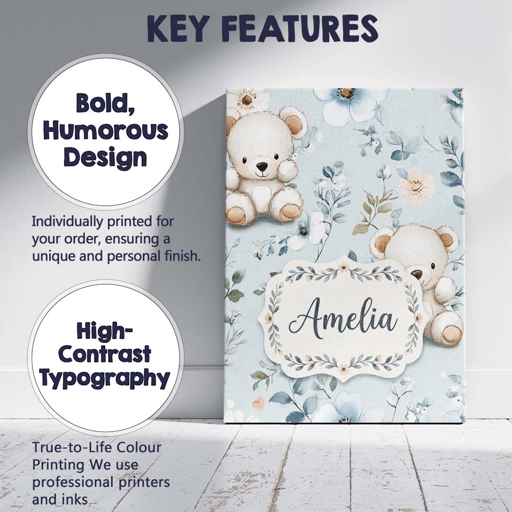 Personalised Name Cute Teddy Bears with Custom Modern Room Accent Elegant Feature Canvas Wall Art Print Decor Picture Ready to Hang