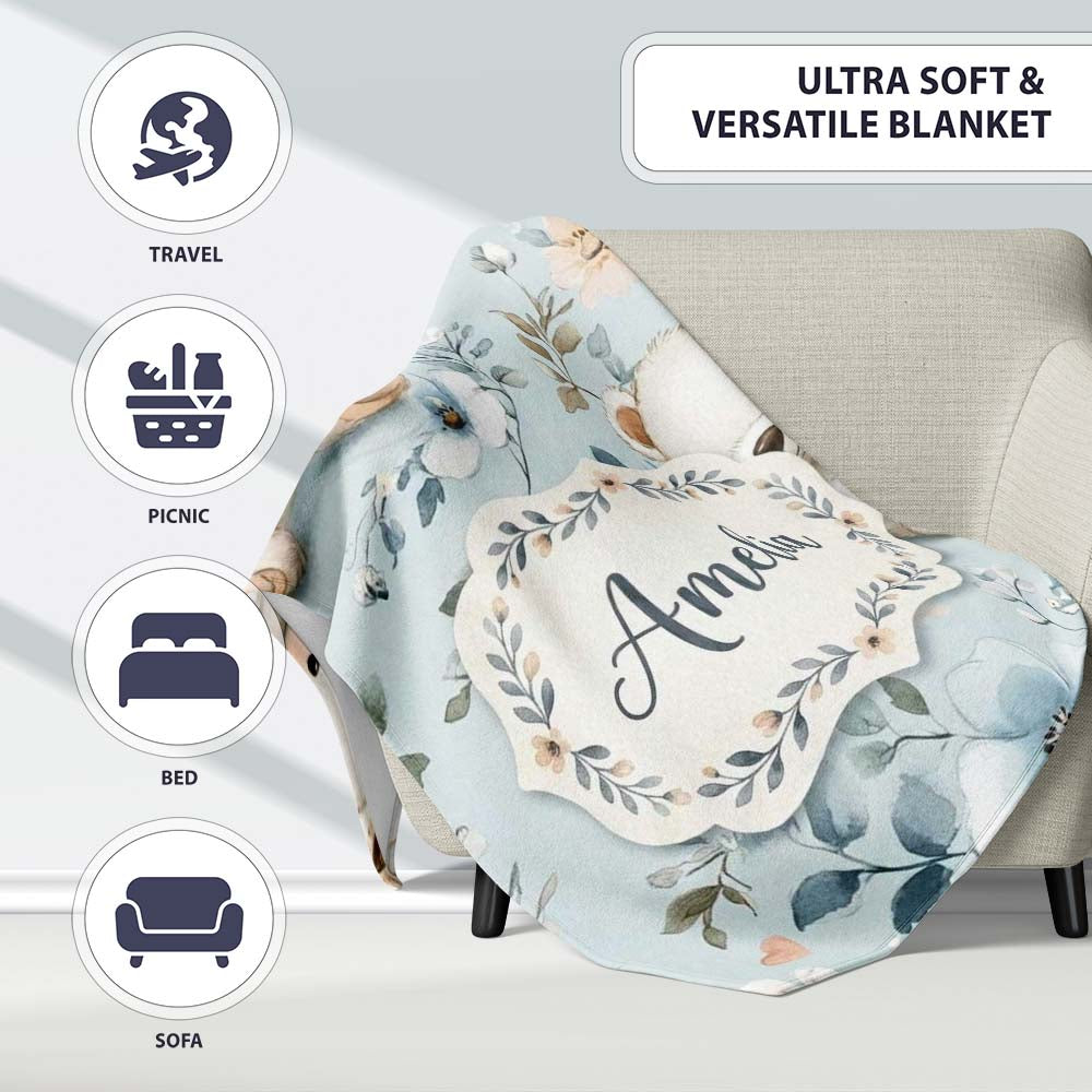 Cute Teddy Bears with Soft Blue Floral Background Seamless Pattern Personalised Custom Name Super Soft Fleece Blanket Bed Sofa Throw