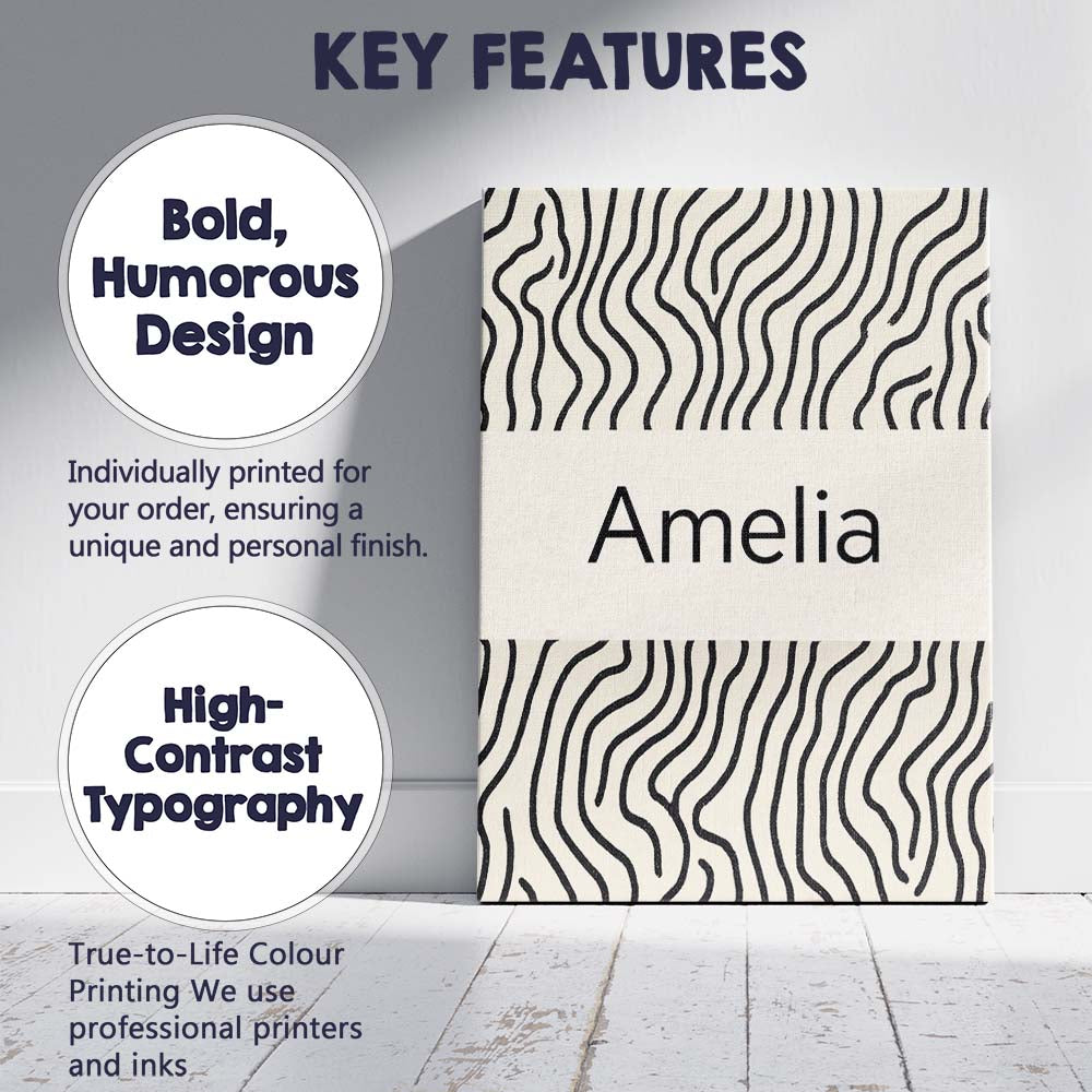 Personalised Name Flowing Wavy Lines Black Cream Organic Stripe Custom Statement Canvas Wall Art Print Decor Picture Ready to Hang